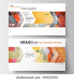 Business templates in HD size for presentation slides. Easy editable layouts in flat design. Abstract colorful triangle vector background with polygonal molecules.