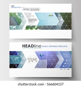 Business templates in HD size for presentation slides. Easy editable abstract layouts in flat design. DNA molecule structure, science background. Scientific research, medical technology.