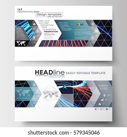 Business templates in HD size for presentation slides. Easy editable flat layouts. Abstract lines background with color glowing neon streams, motion design vector.