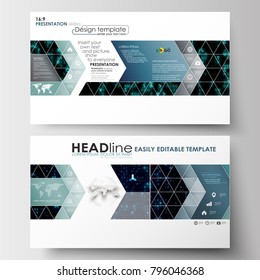 Business templates in HD size for presentation slides. Easy editable layouts in flat design. Virtual reality, color code streams glowing on screen, abstract technology background with symbols.