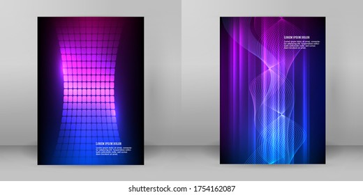 Plantillas de negocio para presentación multipropósito. Diseño de EPS 10 vector fácil de editar. Conjunto de 4 folletos de diseño de publicidad en formato A4, efecto neón de las auroras boreales en el volante de la fiesta de fondo morado