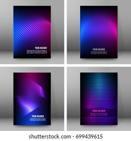 Business templates for multipurpose presentation. Easy editable vector EPS 10 layout. Set of 4 design brochure A4 format advertising, Northern Lights neon effect on purple background event party flyer