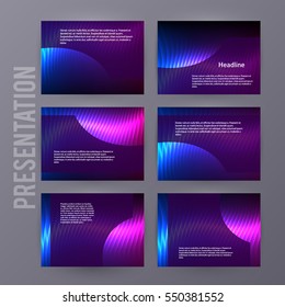 Business templates for multipurpose presentation slides. Easy editable vector EPS 10 layout. Set of 6 design brochure advertising, Northern Lights neon effect on purple background event party flyer
