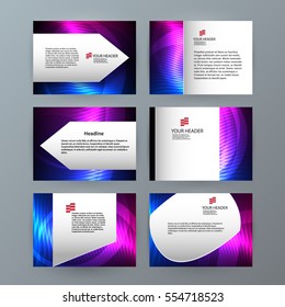 Business templates for multipurpose presentation slides. Easy editable vector EPS 10 layout. Set of 6 design brochure advertising, Northern Lights neon effect on purple background event party flyer