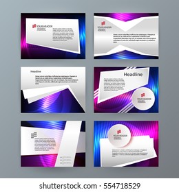 Business templates for multipurpose presentation slides. Easy editable vector EPS 10 layout. Set of 6 design brochure advertising, Northern Lights neon effect on purple background event party flyer