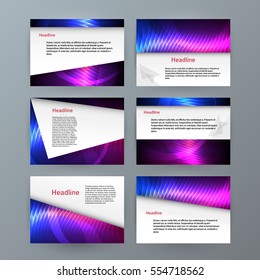 Business templates for multipurpose presentation slides. Easy editable vector EPS 10 layout. Set of 6 design brochure advertising, Northern Lights neon effect on purple background event party flyer