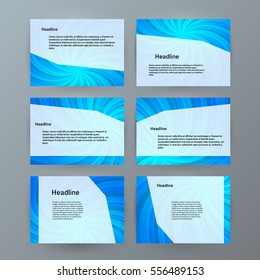 Business templates for multipurpose presentation slides. Easy editable vector EPS 10 layout. Set of 6 design brochure ad, glow light effect on blue background event party flyer. Annual report mockup