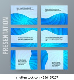 Business templates for multipurpose presentation slides. Easy editable vector EPS 10 layout. Set of 6 design brochure ad, glow light effect on blue background powerpoint flyer. Annual report mockup