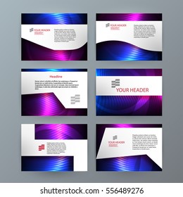 Business templates for multipurpose presentation slides. Easy editable vector EPS 10 layout. Set of 6 design brochure advertising, Northern Lights neon effect on purple background event party flyer