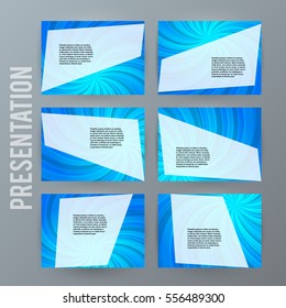 Business templates for multipurpose presentation slides. Easy editable vector EPS 10 layout. Set of 6 design brochure ad, glow light effect on blue background event party flyer. Annual report mockup