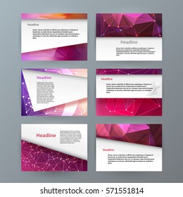 Business templates for multipurpose presentation slides. Easy editable vector EPS 10 layout. Set of 6 design brochure ad, glow light effect on pink background event party flyer. Annual report mockup