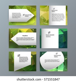 Business templates for multipurpose presentation slides. Easy editable vector EPS 10 layout. Set of 6 design brochure ad, glow light effect on green background event party flyer. Annual report mockup