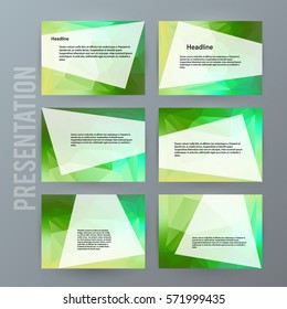Business templates for multipurpose presentation slides. Easy editable vector EPS 10 layout. Set of 6 design brochure ad, glow light effect on green background event party flyer. Annual report mockup