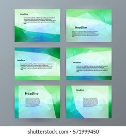 Business templates for multipurpose presentation slides. Easy editable vector EPS 10 layout. Set of 6 design brochure ad, glow light effect on green background event party flyer. Annual report mockup