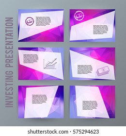 Business templates for multipurpose presentation slides. Easy editable vector EPS 10 layout. Set of 6 design brochure background for chart process service company, for stages new business: investment