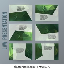 Business templates for multipurpose presentation slides with sign legal law firm. Easy editable vector EPS 10 layout. Set of 6 design brochure cover page background for lawyer office, notary company