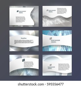 Business templates for multipurpose presentation slides. Easy editable vector EPS 10 layouts. Set of 6 horizontal Silver design brochure flyer, Annual report mockup graphic colors metalic grey, steel