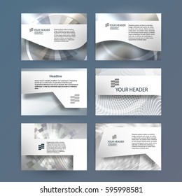 Business templates for multipurpose presentation slides. Easy editable vector EPS 10 layouts. Set of 6 horizontal Silver design brochure flyer, Annual report mockup graphic colors metalic grey, steel