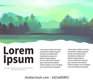 Business templates nature design vector. polygonal landscape illustration. Flat design. Gradient background.  Forest landscape vector illustration. Fir trees, mountains and lake. Pine and spruce. 