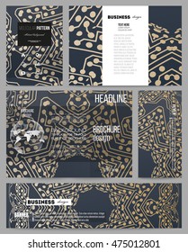 Business templates for presentation, brochure, flyer or booklet. Golden microchip pattern, abstract template with connecting dots and lines, connection structure. Digital scientific vector background