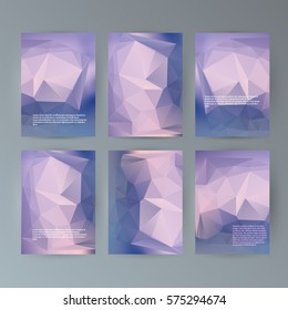 Business templates presentation. Easy editable vector EPS 10 layout. Set of 6 design brochure advertising, lighting glowing triangle 3d effect crystal lattice on purple background event party flyer