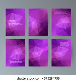 Business templates presentation. Easy editable vector EPS 10 layout. Set of 6 design brochure advertising, lighting glowing triangle 3d effect crystal lattice on purple background event party flyer