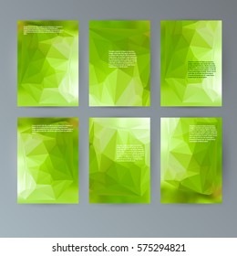Business templates presentation. Easy editable vector EPS 10 layout. Set of 6 design brochure advertising with lighting glowing triangle 3d effect crystal lattice on green background event party flyer