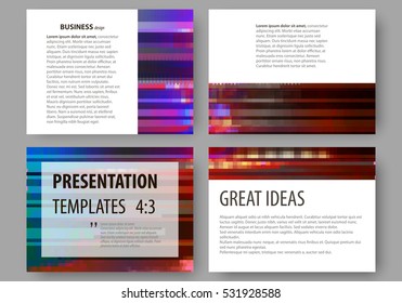 Business templates for presentation slides. Abstract layouts in vector design. Glitched background made of colorful pixel mosaic. Digital decay, signal error, television fail. Trendy glitch backdrop.