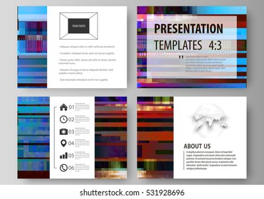 Business templates for presentation slides. Abstract layouts in vector design. Glitched background made of colorful pixel mosaic. Digital decay, signal error, television fail. Trendy glitch backdrop.
