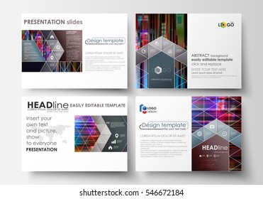 Business templates for presentation slides. Abstract layouts in vector design. Glitched background made of colorful pixel mosaic. Digital decay, signal error, television fail. Trendy glitch backdrop.