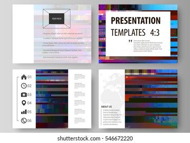 Business templates for presentation slides. Abstract layouts in vector design. Glitched background made of colorful pixel mosaic. Digital decay, signal error, television fail. Trendy glitch backdrop.