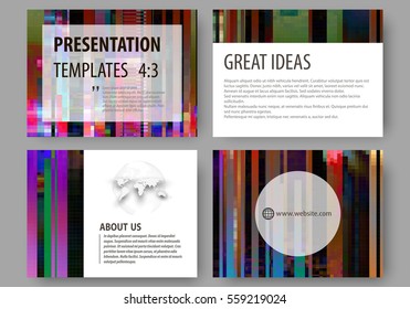 Business templates for presentation slides. Abstract layouts in vector design. Glitched background made of colorful pixel mosaic. Digital decay, signal error, television fail. Trendy glitch backdrop.