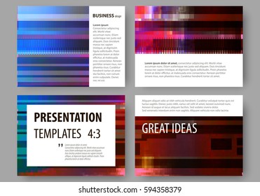 Business templates for presentation slides. Abstract layouts in vector design. Glitched background made of colorful pixel mosaic. Digital decay, signal error, television fail. Trendy glitch backdrop