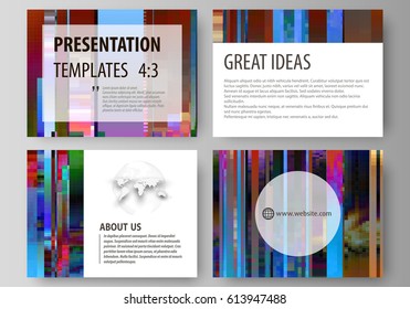 Business templates for presentation slides. Abstract layouts in vector design. Glitched background made of colorful pixel mosaic. Digital decay, signal error, television fail. Trendy glitch backdrop.