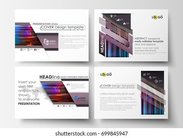 Business templates for presentation slides. Abstract layouts in vector design. Glitched background made of colorful pixel mosaic. Digital decay, signal error, television fail. Trendy glitch backdrop.