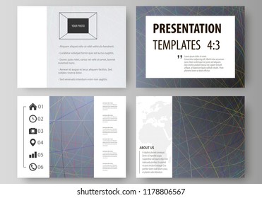 Business templates for presentation slides. Easy editable layouts in flat design. Colorful dark background with abstract lines. Bright color chaotic, random, messy curves. Colourful vector decoration.