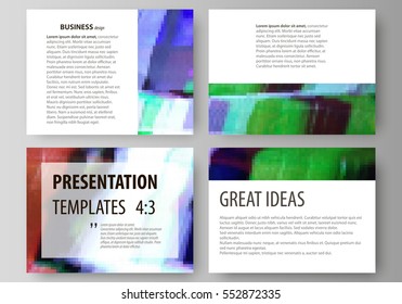 Business templates for presentation slides. Easy editable abstract vector layouts in flat design. Glitched background made of colorful pixel mosaic. Digital decay, signal error, television fail.