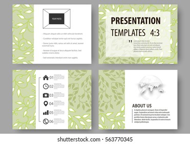 Business templates, presentation slides. Easy editable layouts, flat design. Green color background with leaves. Spa concept in linear style. Vector decoration for cosmetics, beauty industry.