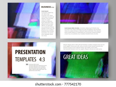 Business templates for presentation slides. Easy editable abstract vector layouts in flat design. Glitched background made of colorful pixel mosaic. Digital decay, signal error, television fail.