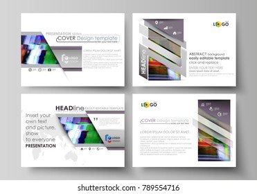 Business templates for presentation slides. Easy editable abstract vector layouts in flat design. Glitched background made of colorful pixel mosaic. Digital decay, signal error, television fail.