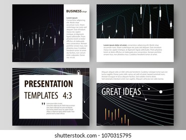 Business templates for presentation slides. Vector layouts. Black color abstract infographic background in minimalist design made from lines, symbols, charts, diagrams and other elements.