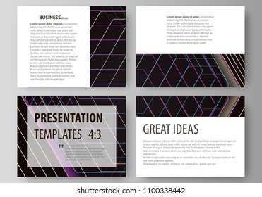 Business templates for presentation slides. Vector layouts in flat style. Abstract polygonal background with hexagons, illusion of depth. Black color geometric design, hexagonal geometry.