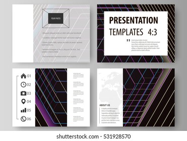 Business templates for presentation slides. Vector layouts in flat style. Abstract polygonal background with hexagons, illusion of depth. Black color geometric design, hexagonal geometry.