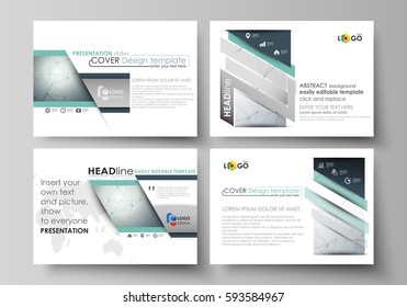 Business templates for presentation slides. Vector layouts in flat design. Genetic and chemical compounds. Atom, DNA and neurons. Medicine, chemistry, technology concept. Geometric background.