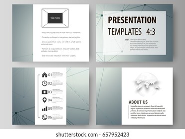 Business templates for presentation slides. Vector layouts in flat design. Genetic and chemical compounds. Atom, DNA and neurons. Medicine, chemistry, technology concept. Geometric background.