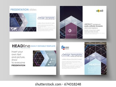 Business templates for presentation slides. Vector layouts in flat style. Abstract polygonal background with hexagons, illusion of depth. Black color geometric design, hexagonal geometry.