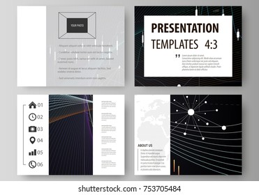 Business templates for presentation slides. Vector layouts. Black color abstract infographic background in minimalist design made from lines, symbols, charts, diagrams and other elements.