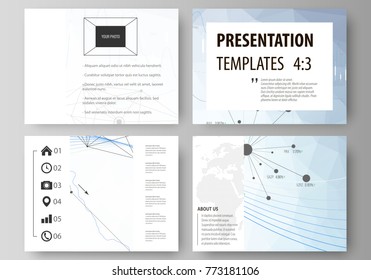 Business templates for presentation slides. Vector layouts. Blue color abstract infographic background in minimalist design made from lines, symbols, charts, diagrams and other elements.