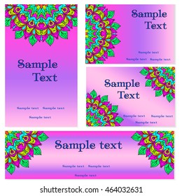 Business templates set. Business cards, invitations and banners. Mandala pattern and ornaments. Happy design pattern. Arabic, India, Islam, Asia.