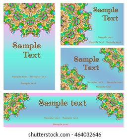 Business templates set. Business cards, invitations and banners. Mandala pattern and ornaments. Happy design pattern. Arabic, India, Islam, Asia